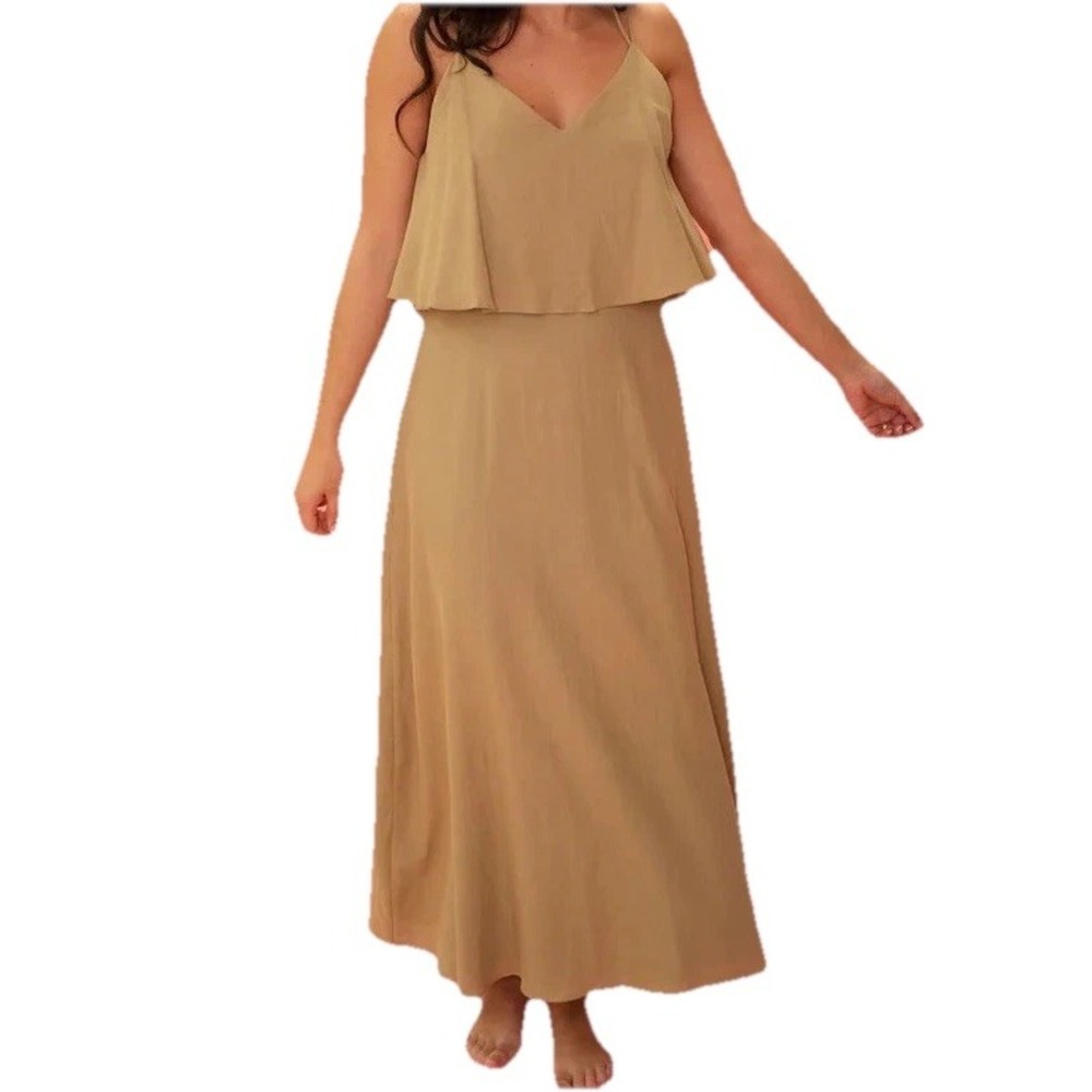 Molly Bracken Tan Khaki Ruffle Overlay V-Neck Cross Back Maxi Dress XL NWT